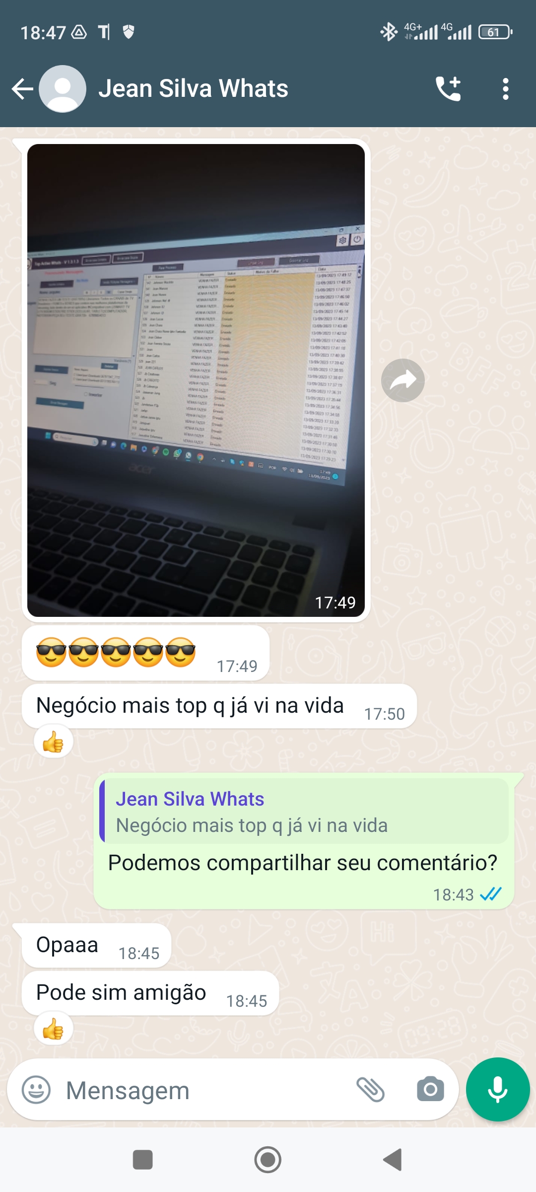 Depoimento Jean Silva via WhatsApp