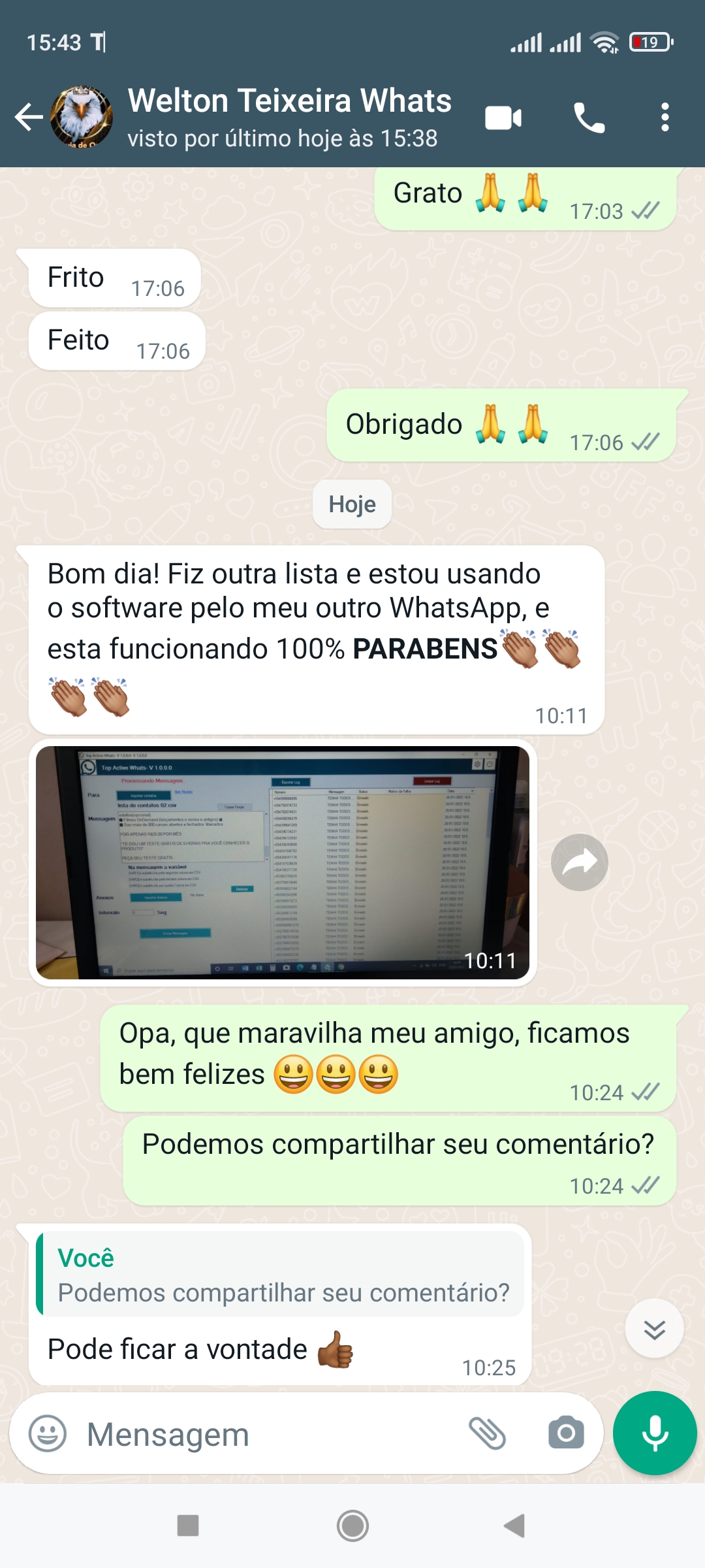 Depoimento Welton via WhatsApp