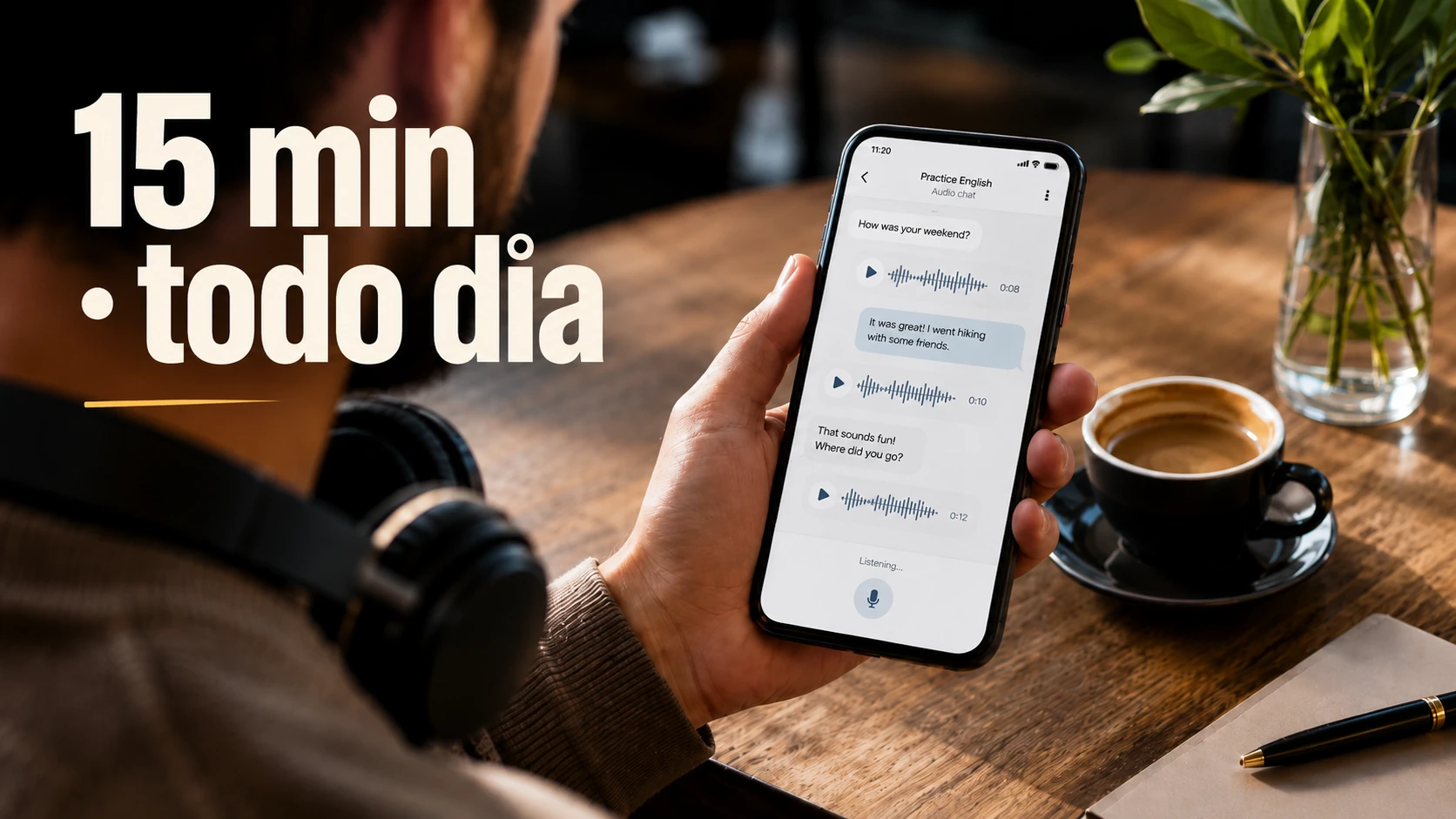 Prática de conversação em inglês no celular, 15 minutos todo dia