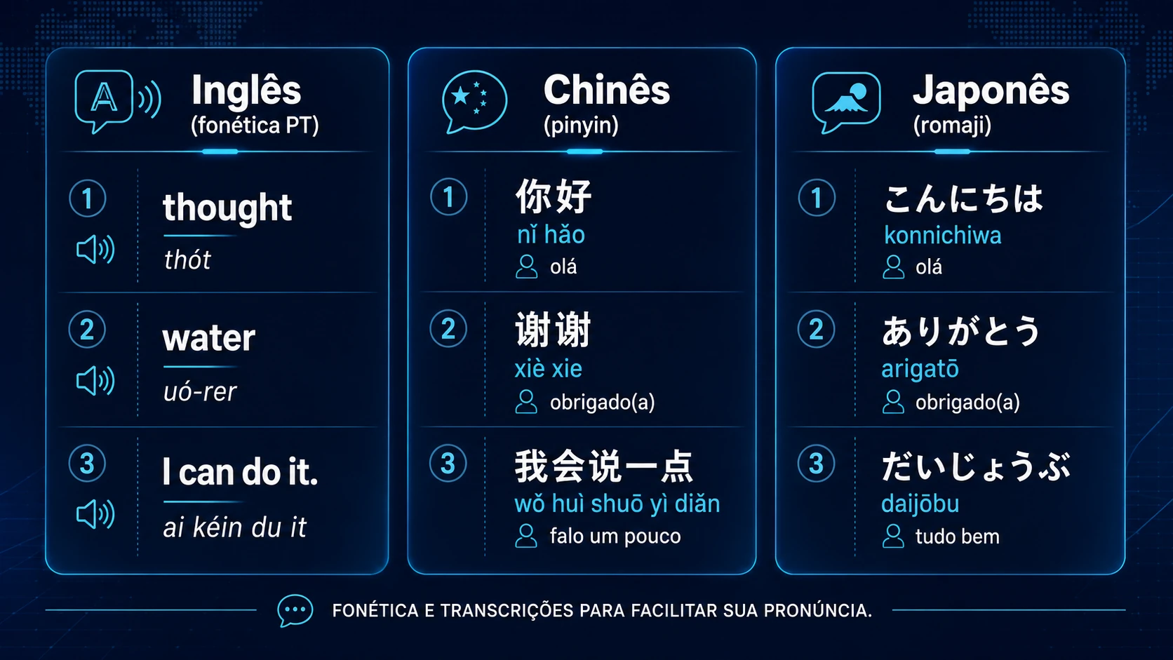 Infográfico: fonética em português, pinyin no chinês e romaji no japonês