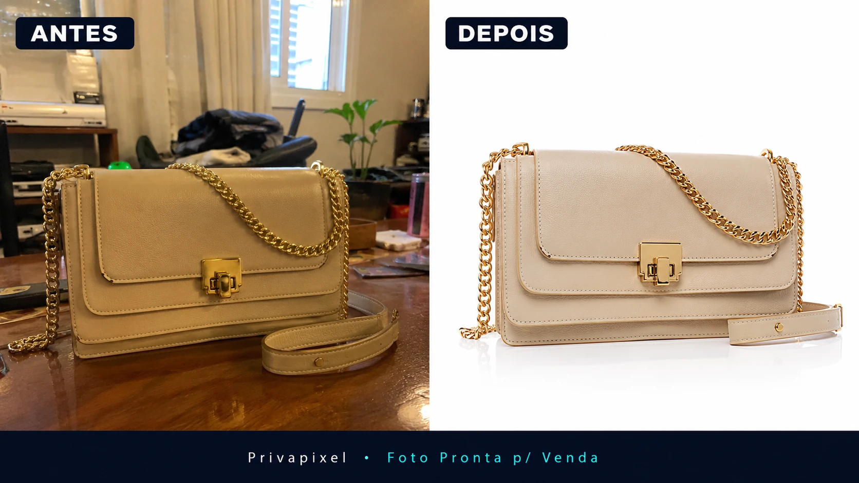 Antes e depois: foto caseira de bolsa versus foto profissional com fundo branco gerada pelo Privapixel Foto Pronta p/ Venda