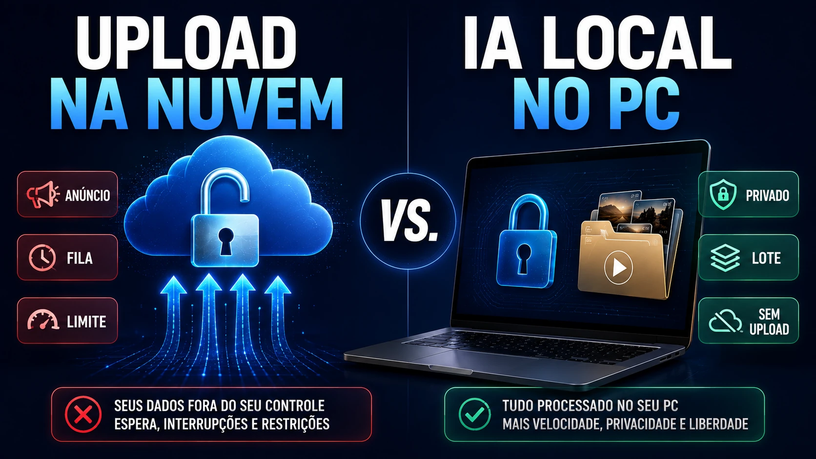 Infográfico comparando upload na nuvem versus IA local no PC: anúncios, fila e privacidade