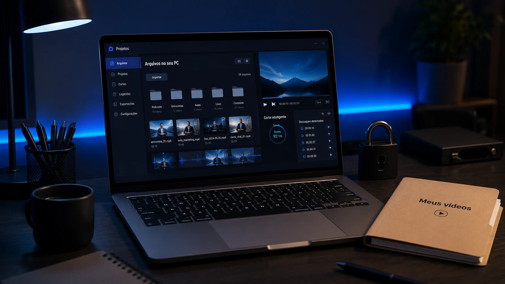 Mockup: arquivos e vídeos processados localmente no PC, com controle e privacidade