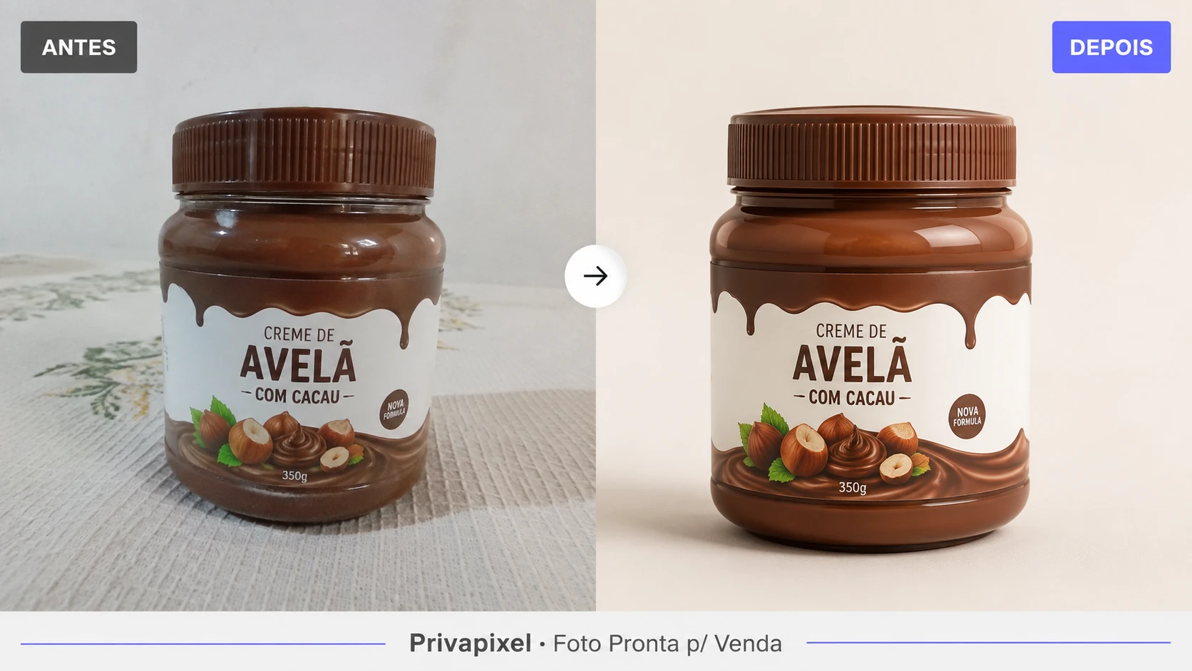 Antes e depois: foto caseira de produto versus foto profissional com fundo limpo gerada pelo Privapixel Foto Pronta p/ Venda
